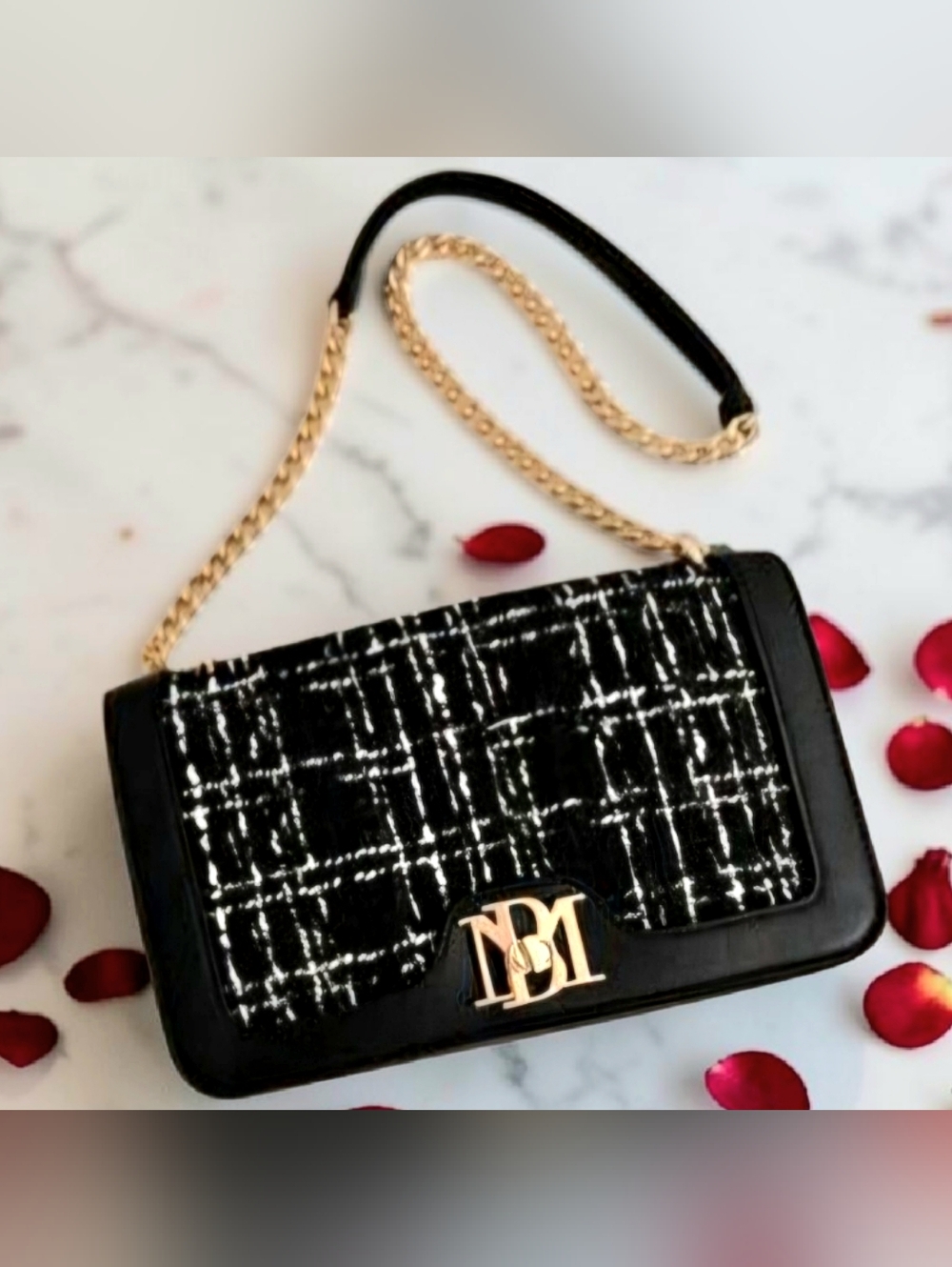 Badgley Mischka Large Tweed Crossbody Vegan Leather Purse NWT